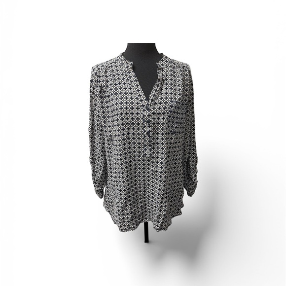 Cato Tops - Cato Navy White Print Blouse 18/20W Boho Career Casual Roll Sleeve Top